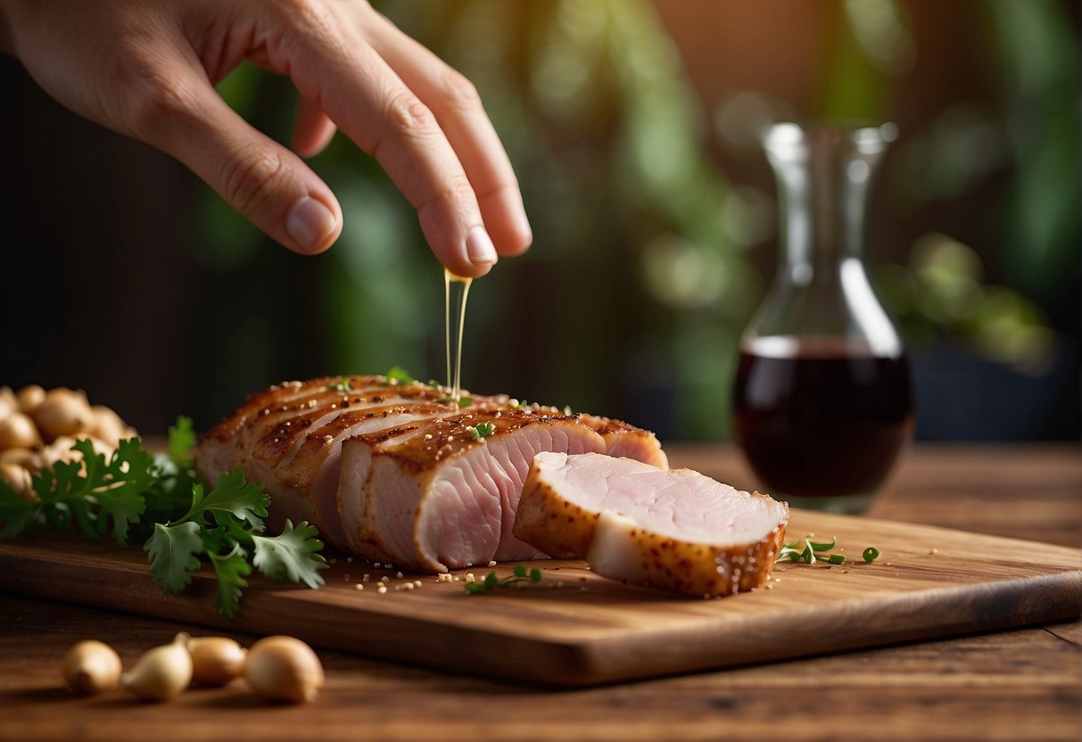 A hand reaches for pork jowl, ginger, and garlic, sitting on a wooden cutting board. A bowl of soy sauce and cooking wine awaits nearby