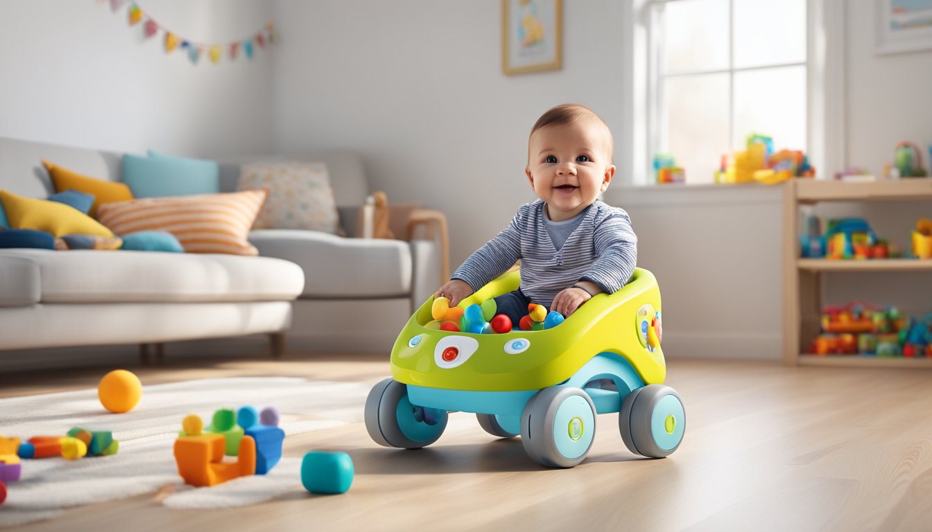 A baby walker sits in a brightly lit room, surrounded by colorful toys and plush cushions. It is sleek and modern, with adjustable height settings and interactive features