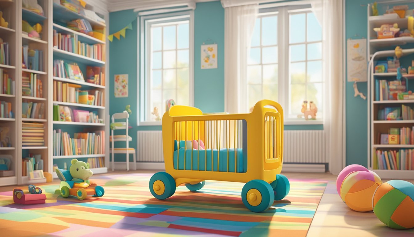 A colorful baby walker surrounded by toys and books in a bright, spacious room with large windows and soft, plush carpeting