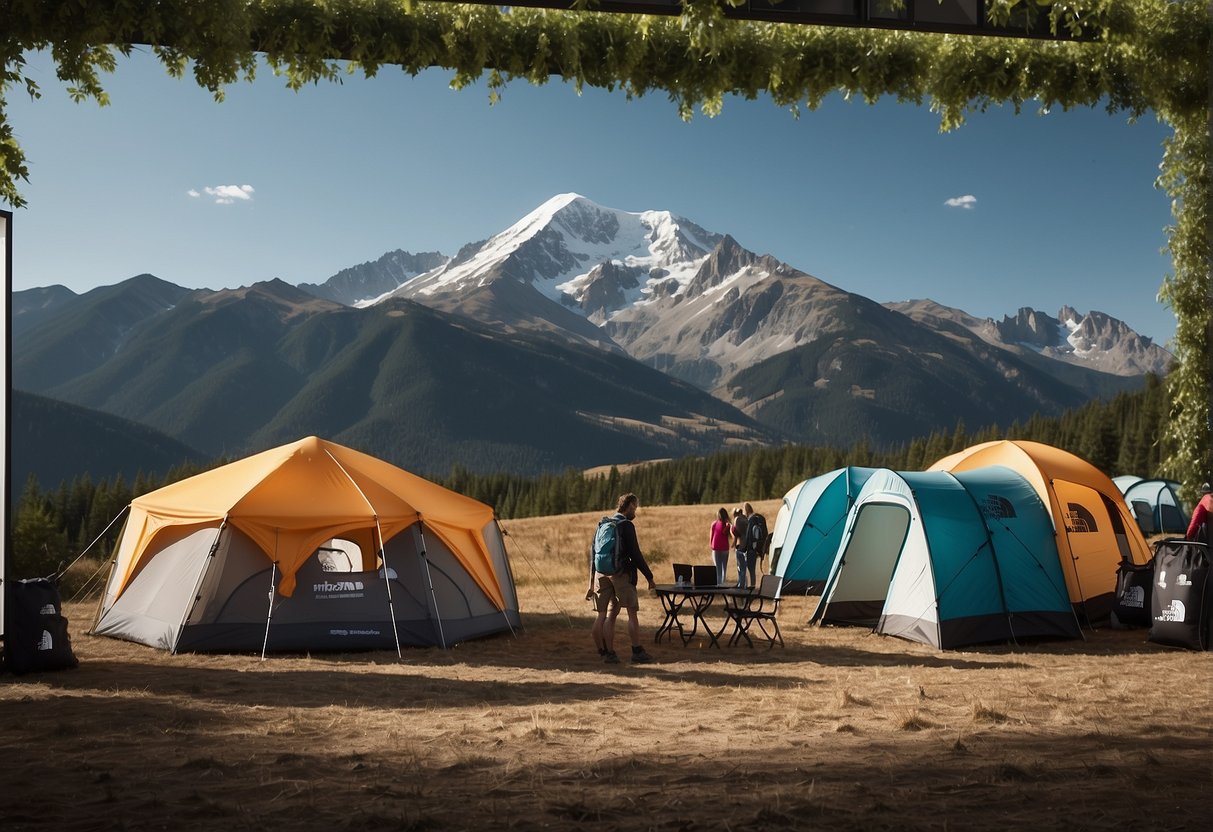 The scene depicts a mountain landscape with a North Face logo prominently displayed on a billboard, alongside an outdoor event with branded tents and promotional materials