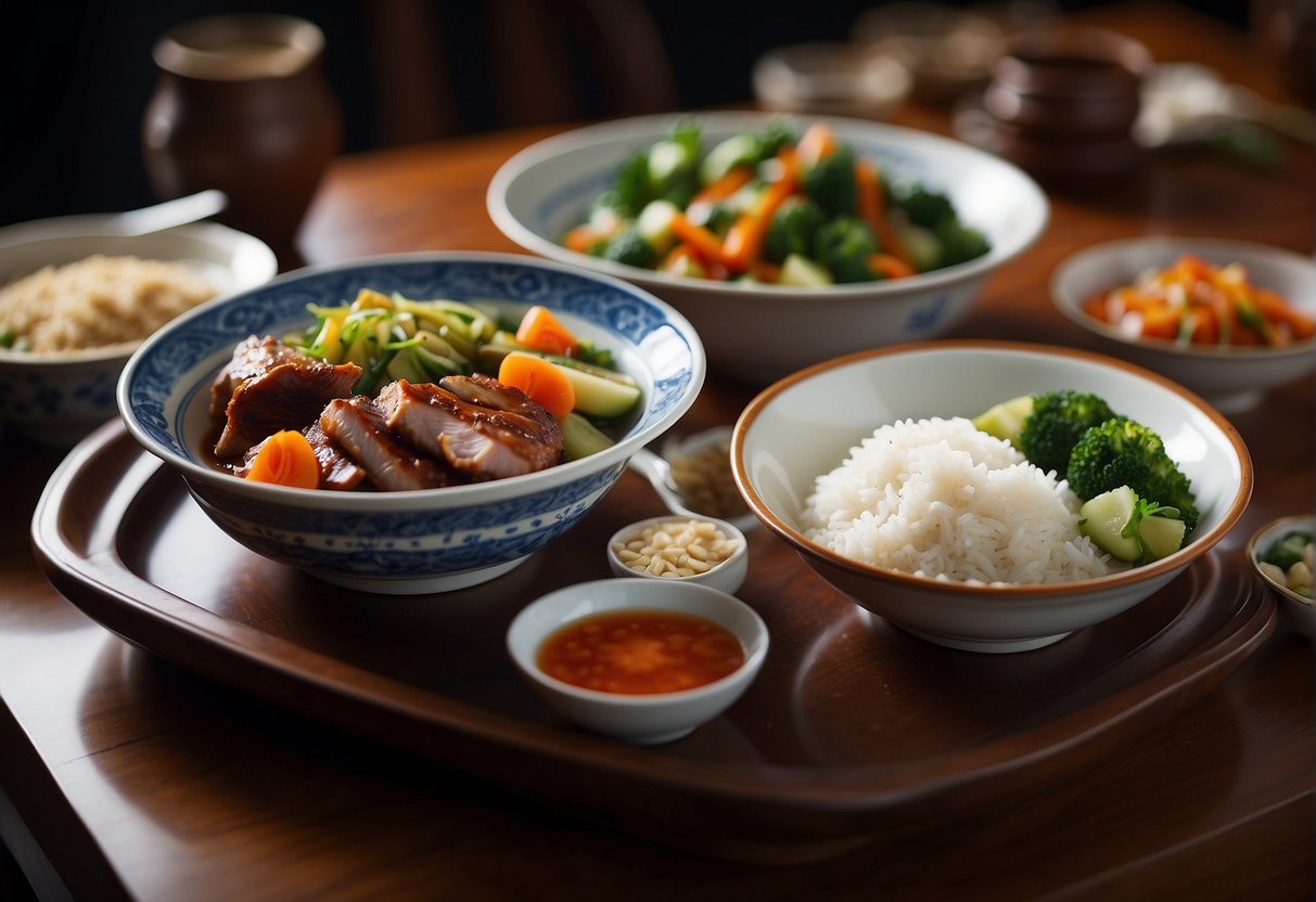 A table set with a traditional Chinese meal, featuring a succulent pork jowl dish paired with aromatic rice and steamed vegetables