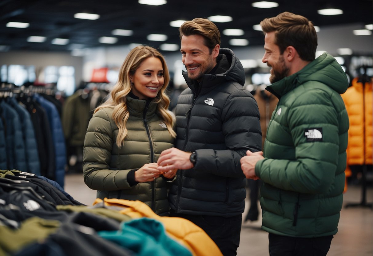 A customer browsing through North Face outdoor gear at a store, trying on a jacket, and interacting with a sales associate