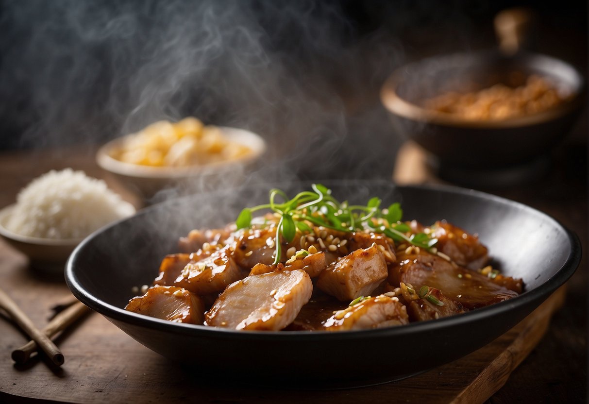 A pork jowl is marinated in a mixture of soy sauce, ginger, and garlic. It is then stored in a cool, dry place for several hours before being cooked in a sizzling hot wok