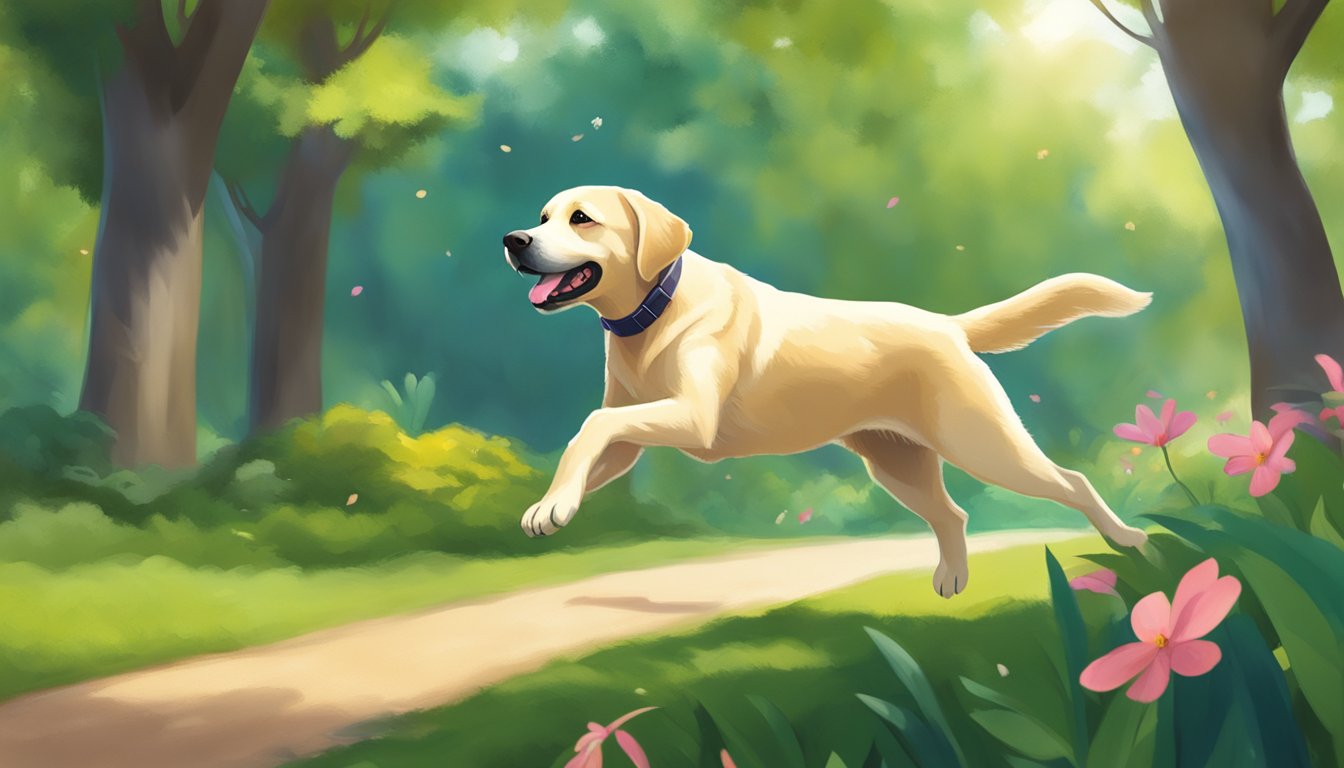 A joyful Labrador bounds through a lush Singapore park, tail wagging, tongue lolling, and eyes bright with excitement
