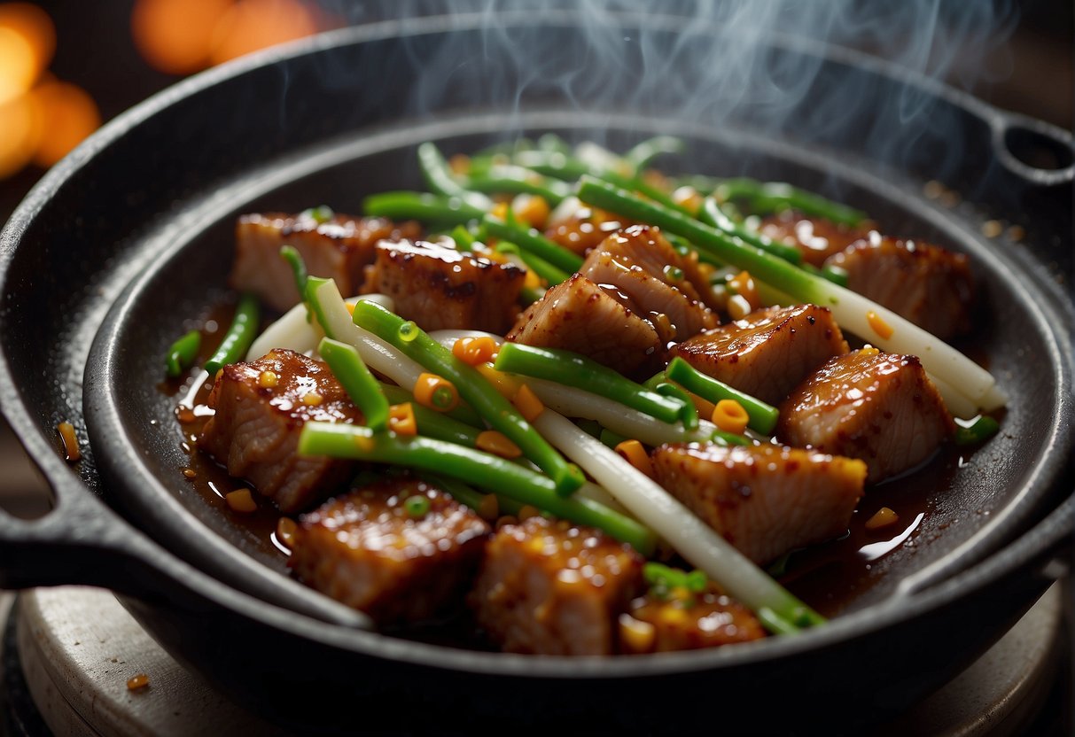 A sizzling wok cooks pork jowl with Chinese flavors. Steam rises as the dish is garnished with green onions and served on a traditional ceramic plate