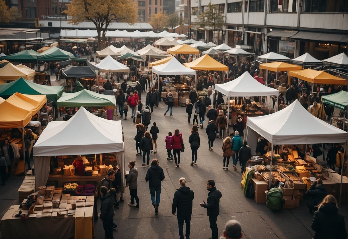 A bustling outdoor market with North Face tents, interactive displays, and people trying on gear