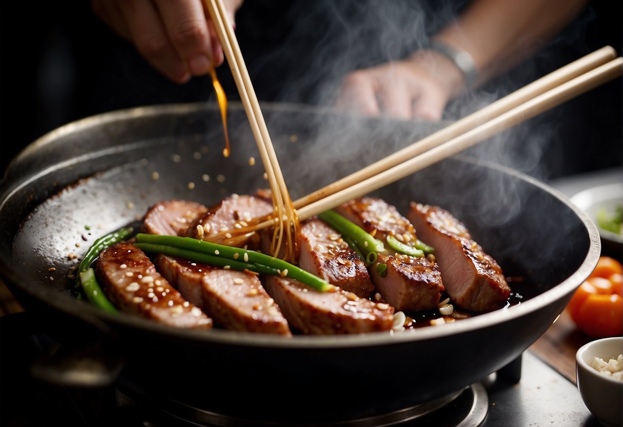 Pork fillet sizzling in a hot wok with garlic, ginger, and soy sauce. A chef uses chopsticks to stir-fry the meat until it's golden brown and tender