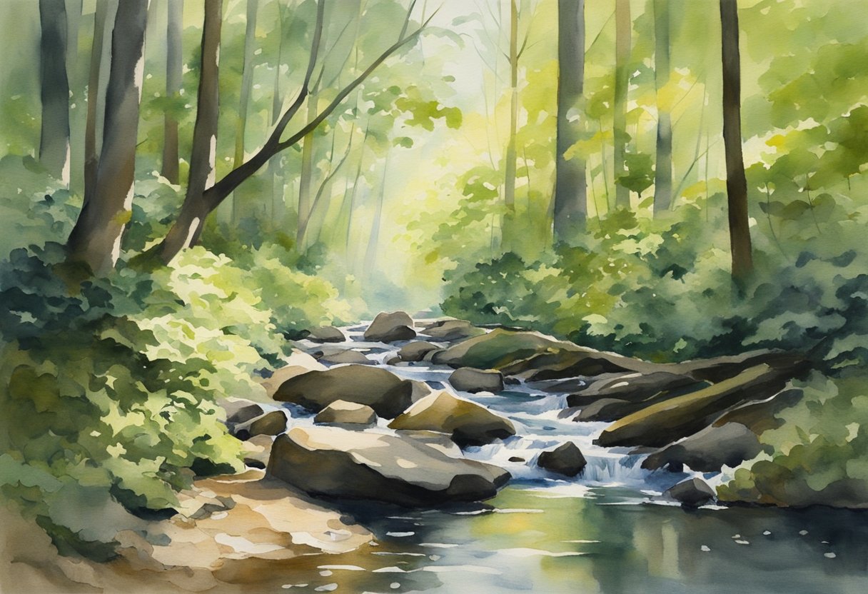 Sunlight filters through the dense canopy, casting dappled shadows on the forest floor. Leaves rustle in the gentle breeze, creating a symphony of sound. A small stream gurgles nearby, adding to the tranquil atmosphere