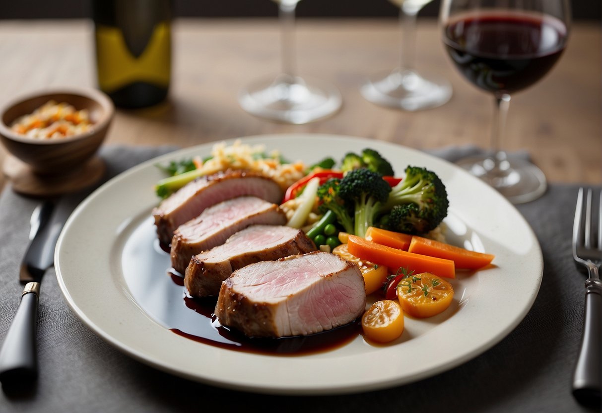 A beautifully plated pork fillet dish with Chinese-inspired garnishes and a side of steamed vegetables. A bottle of red wine and two wine glasses are placed next to the dish