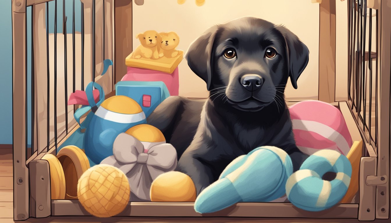 A happy Labrador puppy sits in a cozy crate, surrounded by toys and a soft blanket. A smiling family approaches, ready to take their new furry friend home