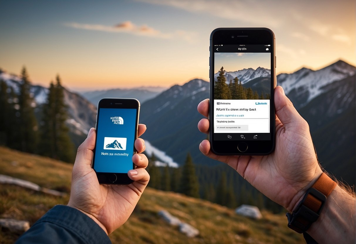 An outdoor scene with a mountain backdrop, a person receiving an email on their smartphone, and a North Face logo on the screen