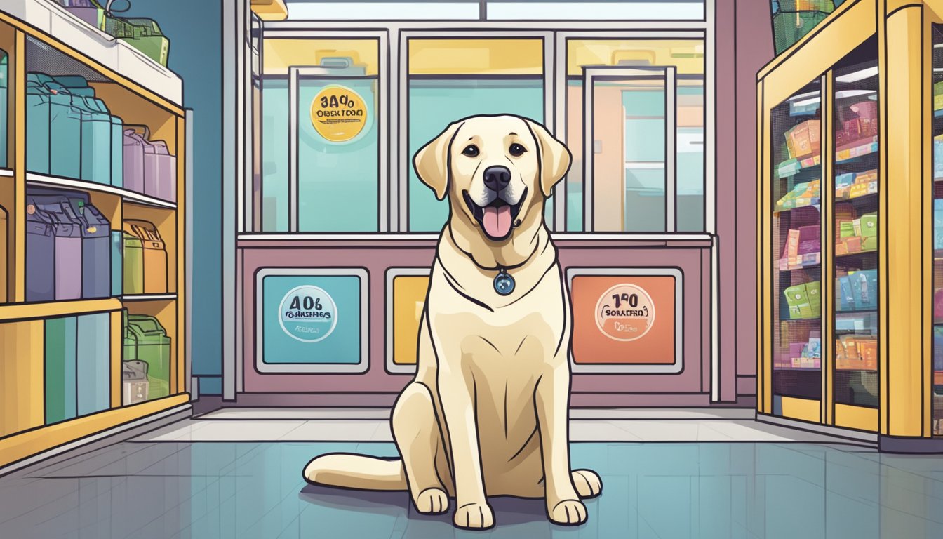 A happy labrador sitting next to a "Frequently Asked Questions" sign in a pet store in Singapore