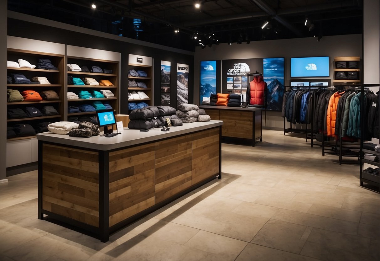 The scene includes a display of North Face outdoor clothing at a retail store, with signage, product samples, and a checkout counter