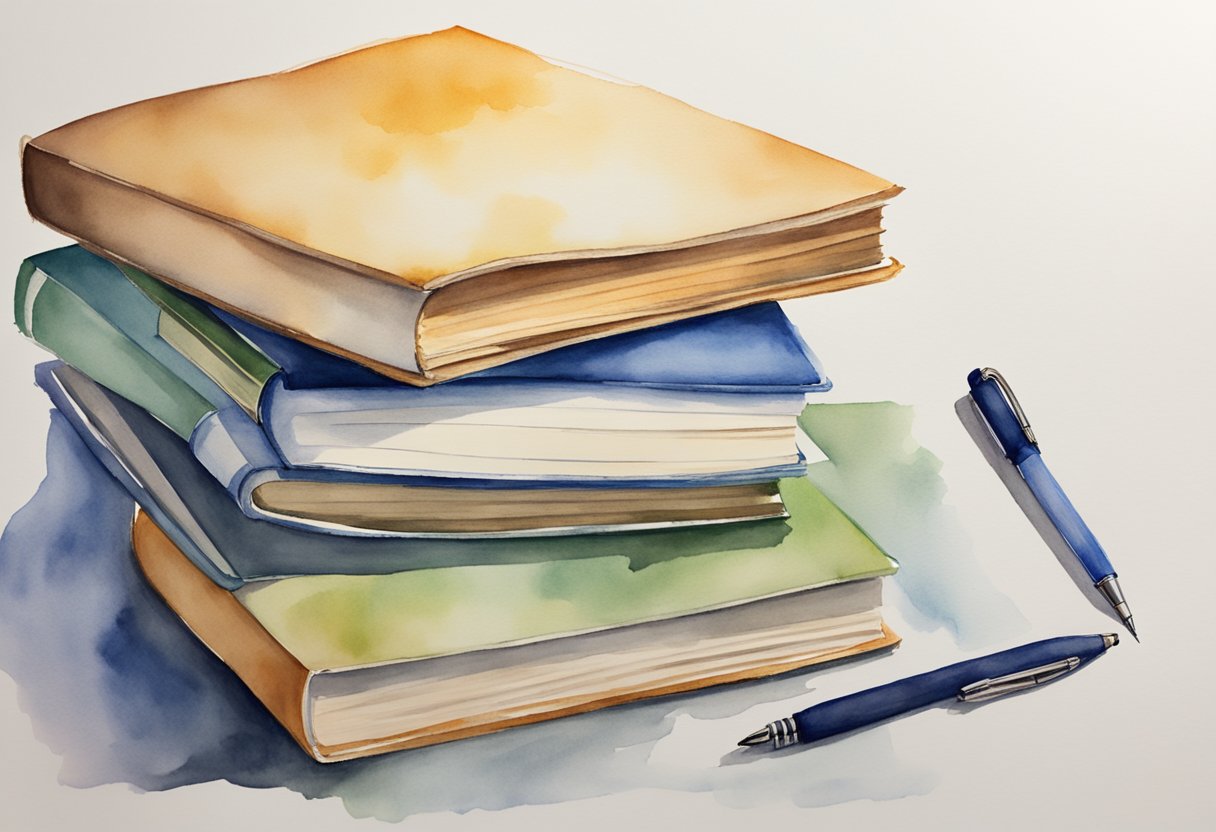 A stack of books sits on a desk, open to different pages. A pen hovers over a blank piece of paper, ready to write