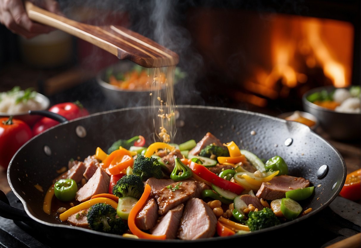 A sizzling pork fillet stir-fry in a wok, surrounded by colorful Chinese ingredients and seasonings. Steam rises from the pan as the chef tosses the meat with a wooden spatula
