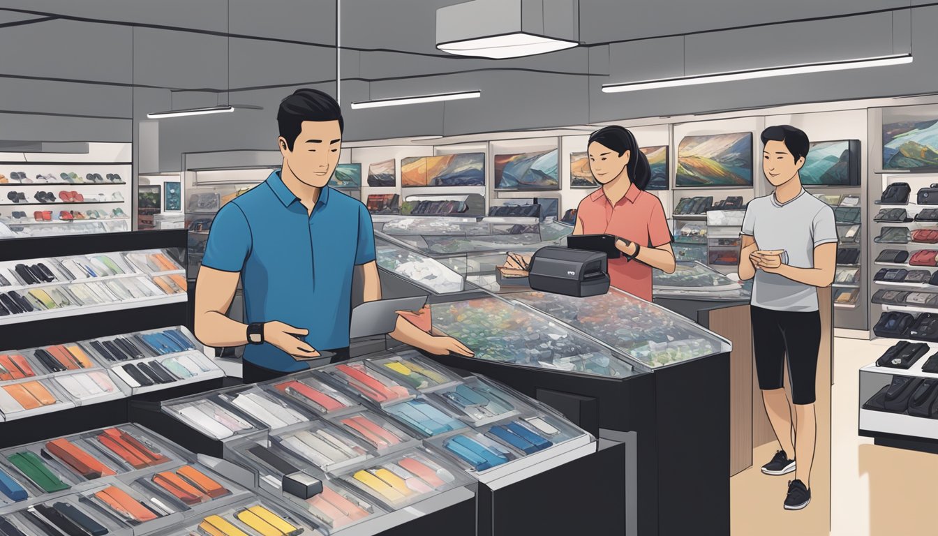 A bustling electronics store in Singapore showcases a display of Suunto watches and fitness trackers, with a salesperson assisting a customer