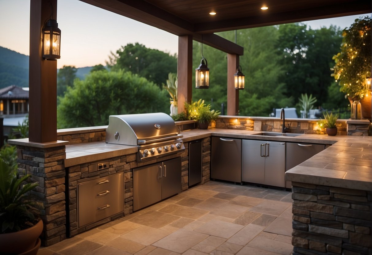 An outdoor kitchen with various appliances, countertops, and seating, surrounded by lush landscaping and built-in lighting