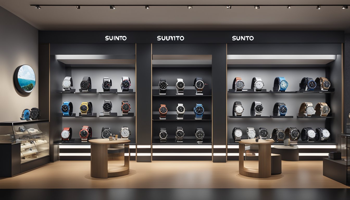 A Suunto watch displayed in a sleek, modern watch store in Singapore, with a variety of models and colors on a well-lit shelf