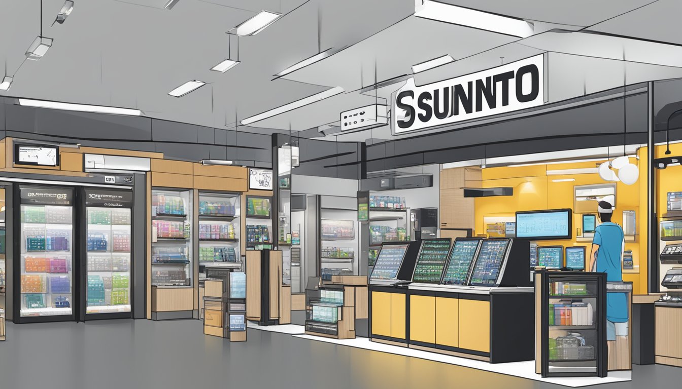 A bustling electronic store in Singapore displays Suunto products with a prominent "Frequently Asked Questions" sign