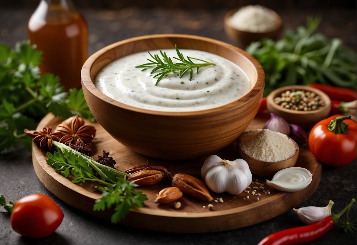 A wooden bowl filled with creamy ranch dressing, surrounded by fresh herbs, garlic, and spices. A bottle of chili sauce sits nearby, ready to be added for a spicy kick