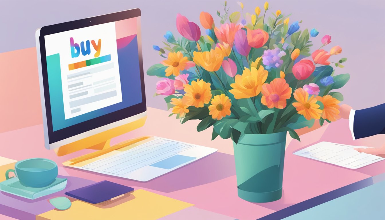 A hand clicks "buy now" on a laptop. A colorful bouquet sits nearby. A delivery truck waits outside