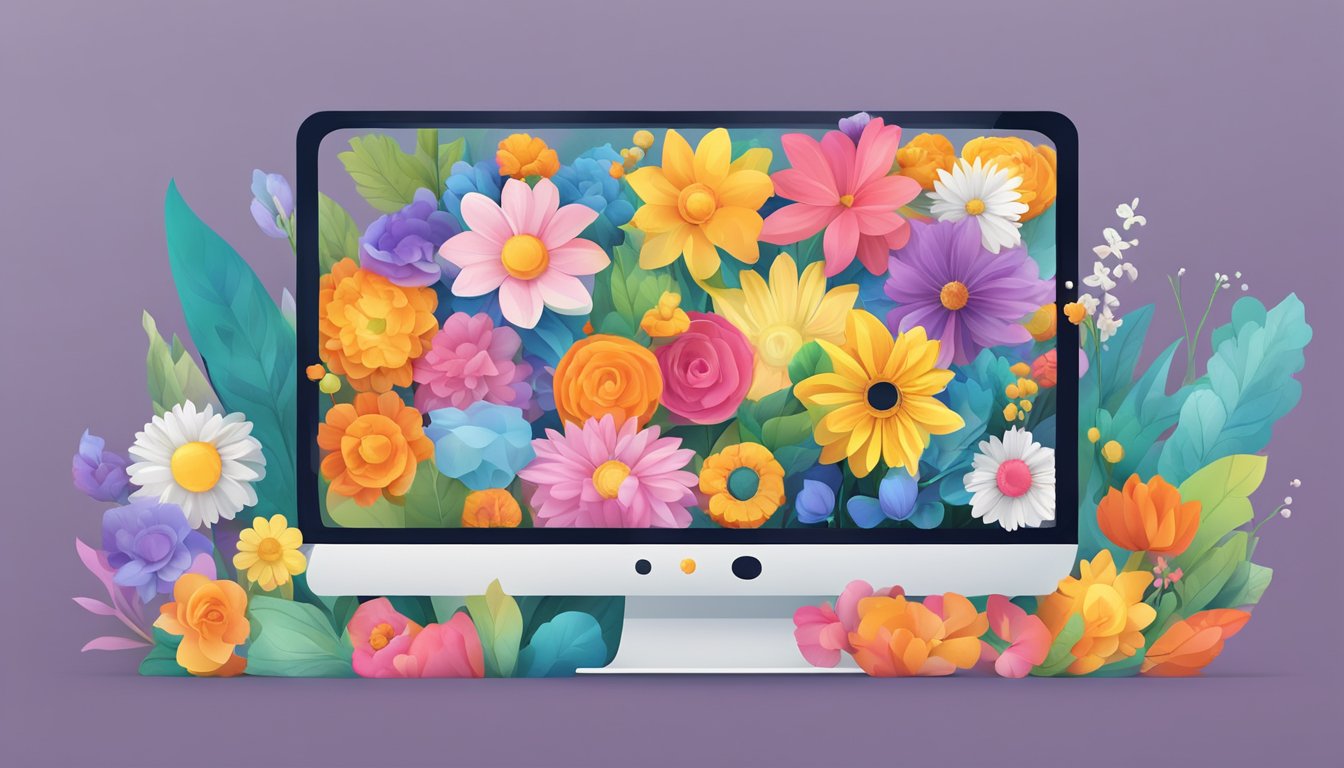 A computer screen with a variety of colorful flowers displayed, a cursor hovering over the "add to cart" button