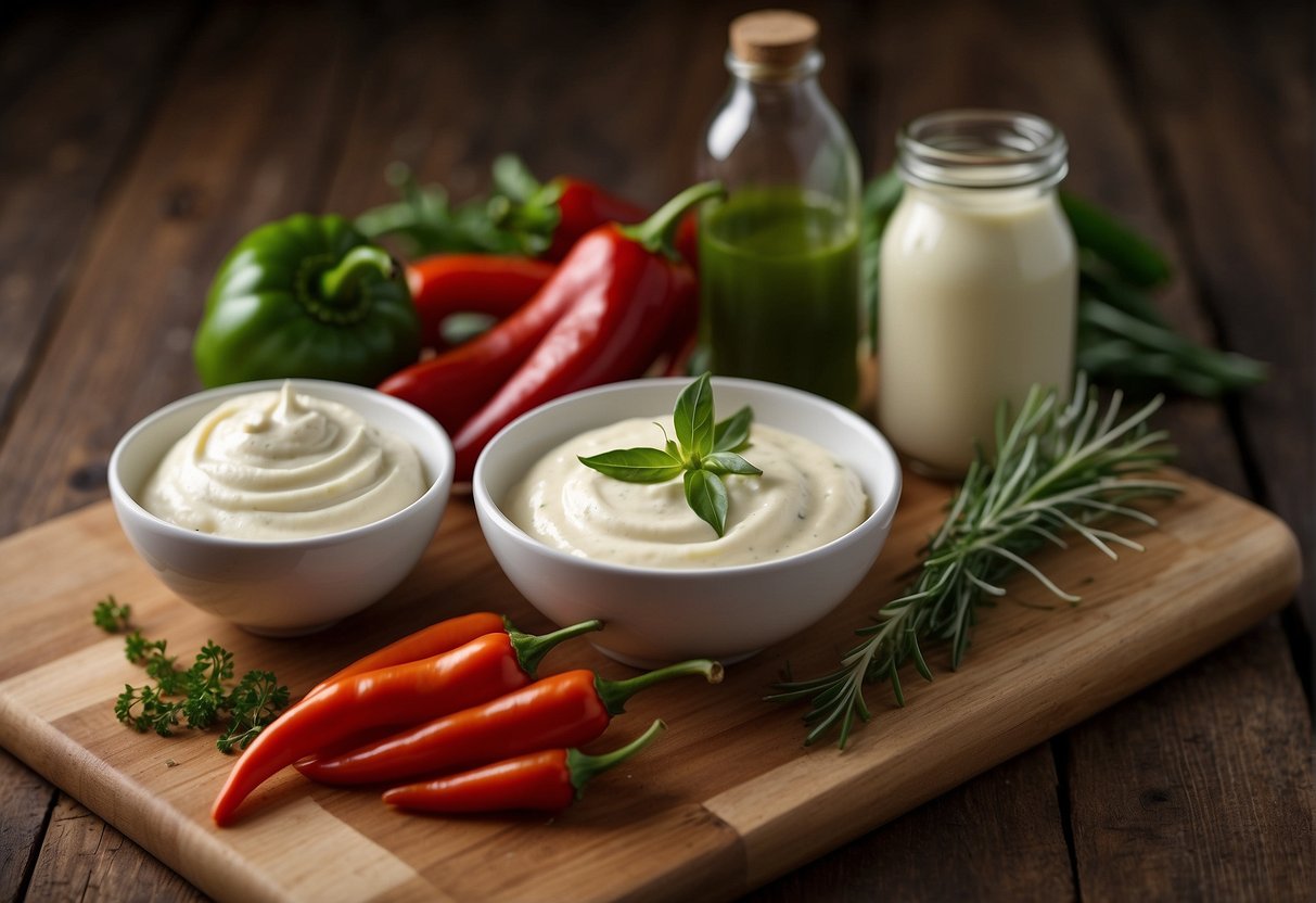 Fresh chilis, garlic, and herbs are arranged on a cutting board. A bowl of buttermilk and mayonnaise sits nearby