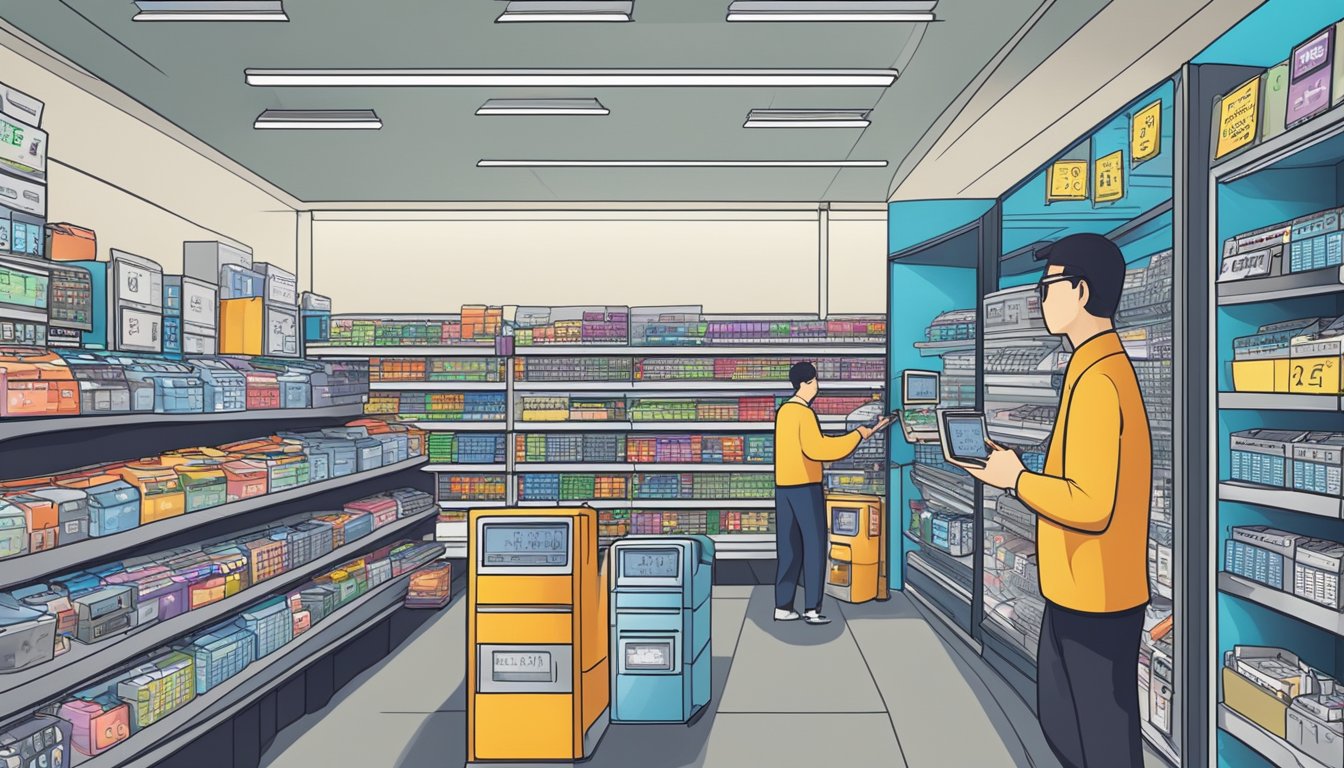 A bustling electronics store in Singapore displays a variety of financial calculators on its shelves, with bright signage advertising competitive prices