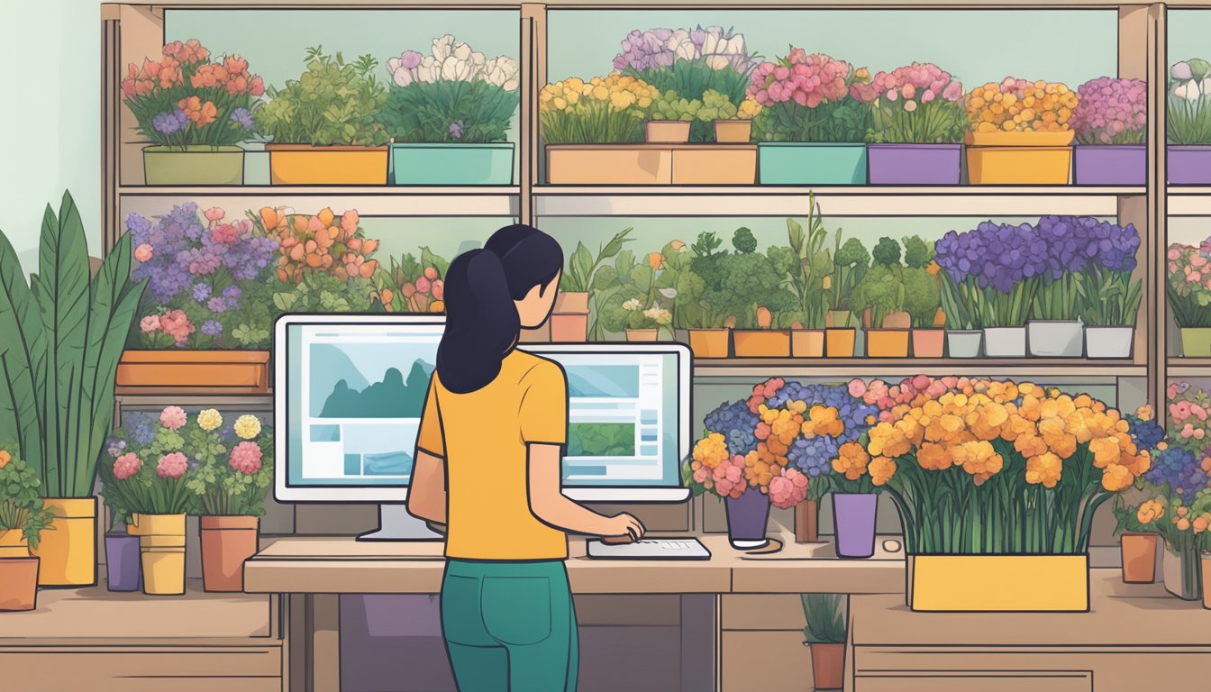 A person clicks through various online flower shops, carefully selecting the perfect bouquet. The computer screen displays a wide array of colorful blooms and greenery to choose from