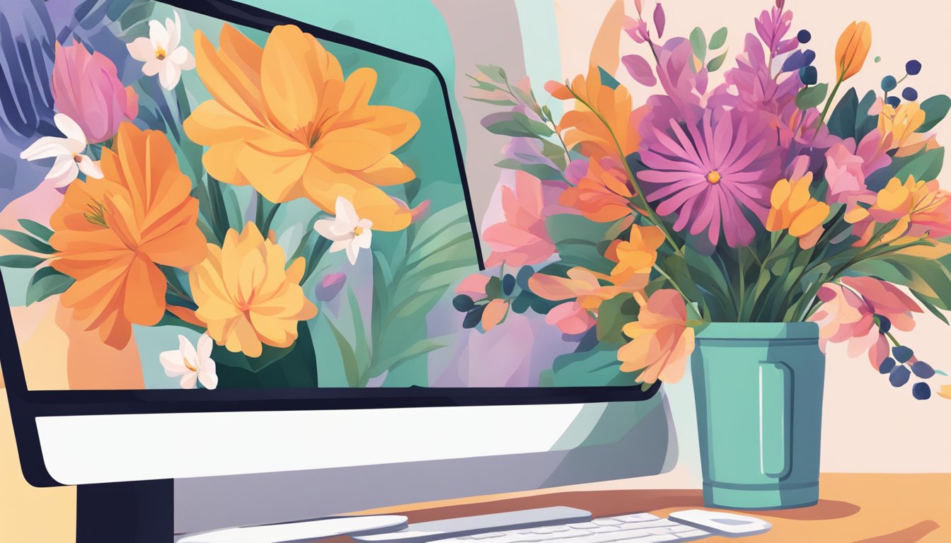 A hand reaches for a vibrant bouquet on a computer screen, clicking to purchase flowers online