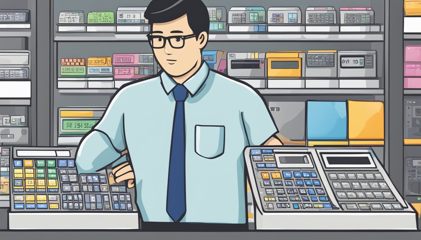 A person selecting a financial calculator from a display at an electronics store in Singapore