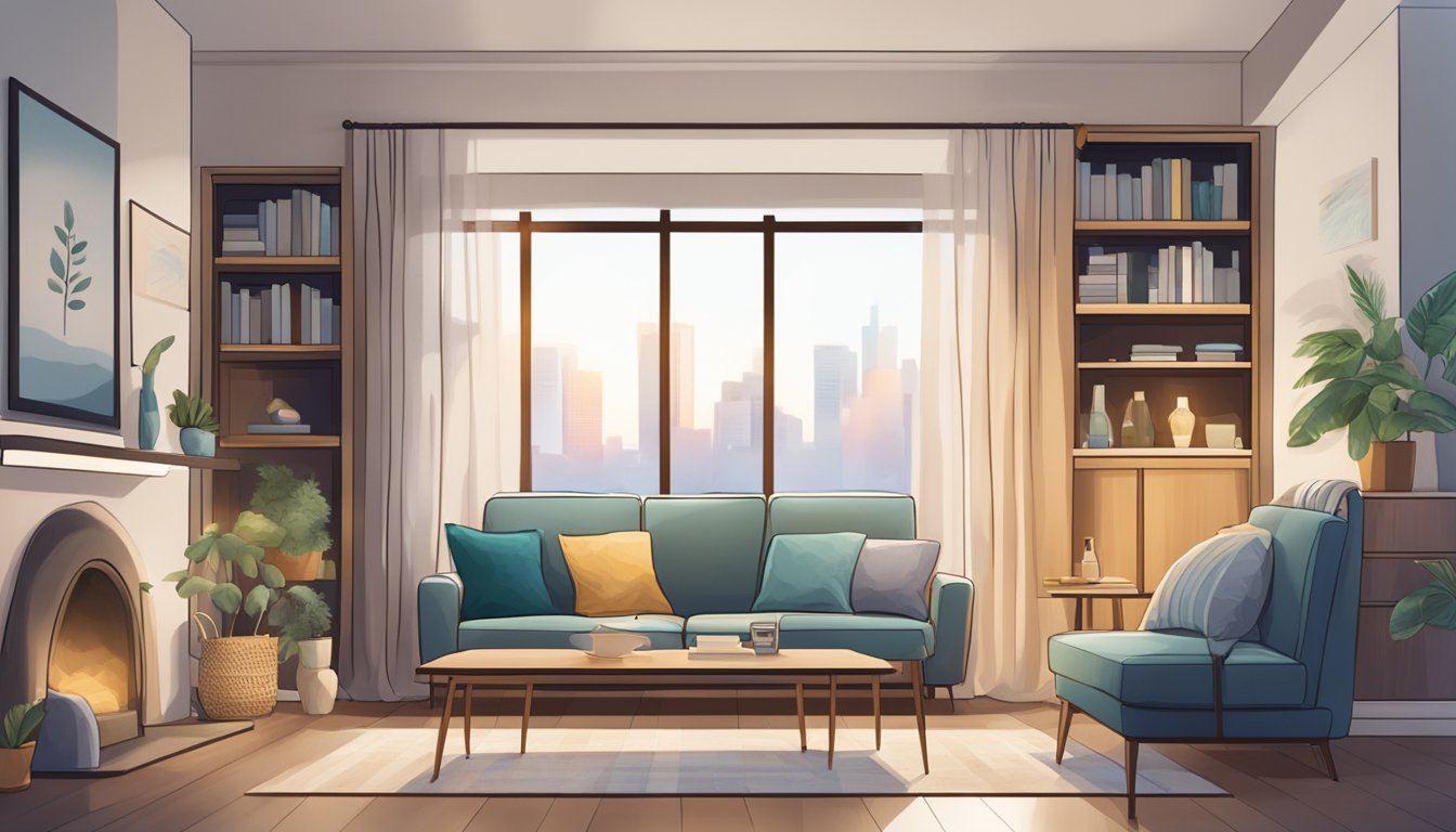 A cozy living room with a shelf of neatly folded fleece blankets, a sign reading "Frequently Asked Questions: Where to buy fleece blankets in Singapore" displayed prominently