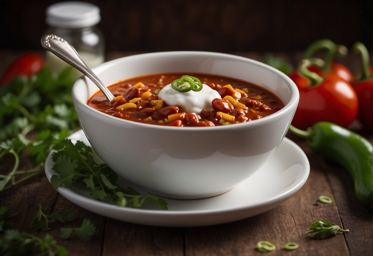 A bowl of chili sits next to a dollop of ranch dressing. A spoon hovers over the bowl, ready to mix the two together
