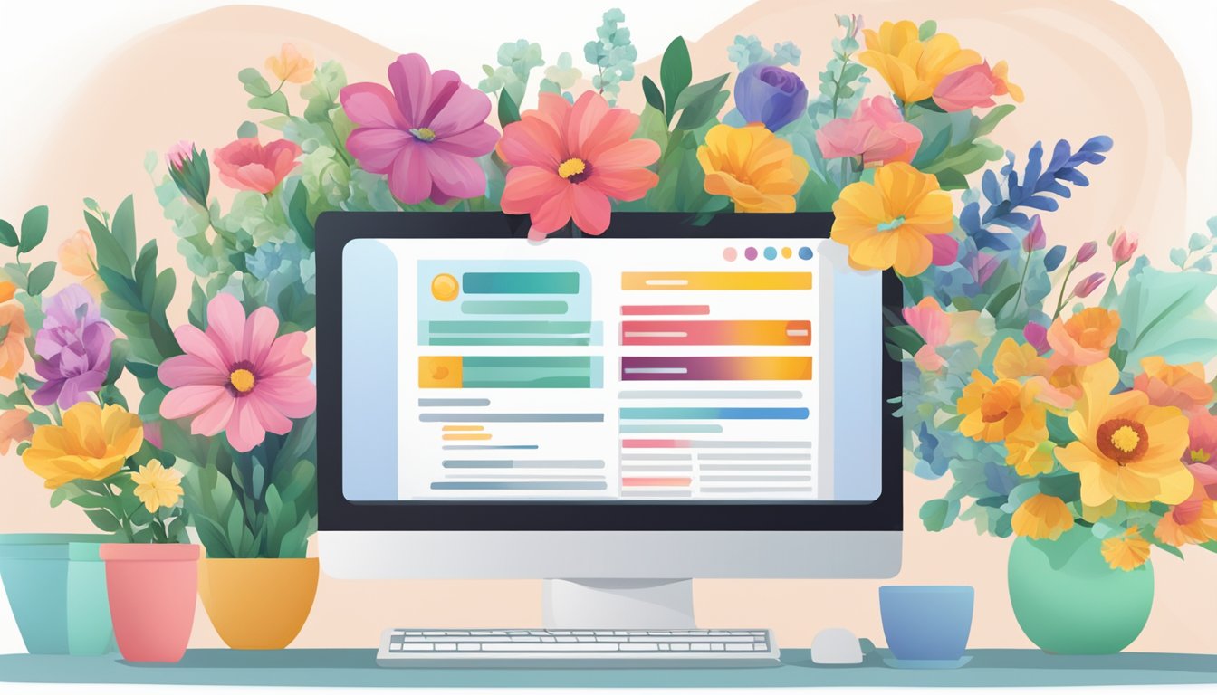 A computer screen displaying a website with a variety of colorful bouquets, a "Frequently Asked Questions" section, and a "buy bouquet online" button