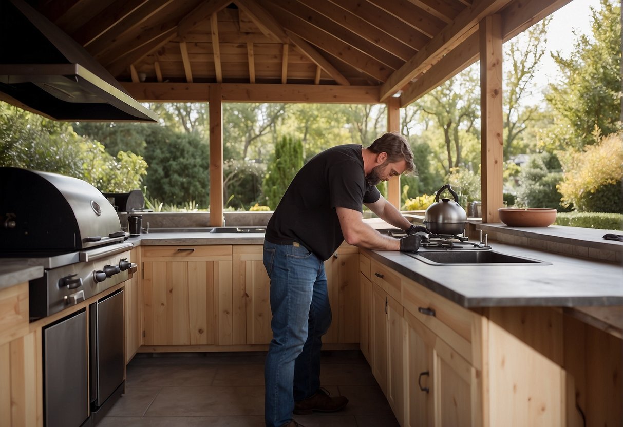 A DIY enthusiast struggles to install an outdoor kitchen while a professional effortlessly completes the task. Cost comparison charts and price tags are visible in the background