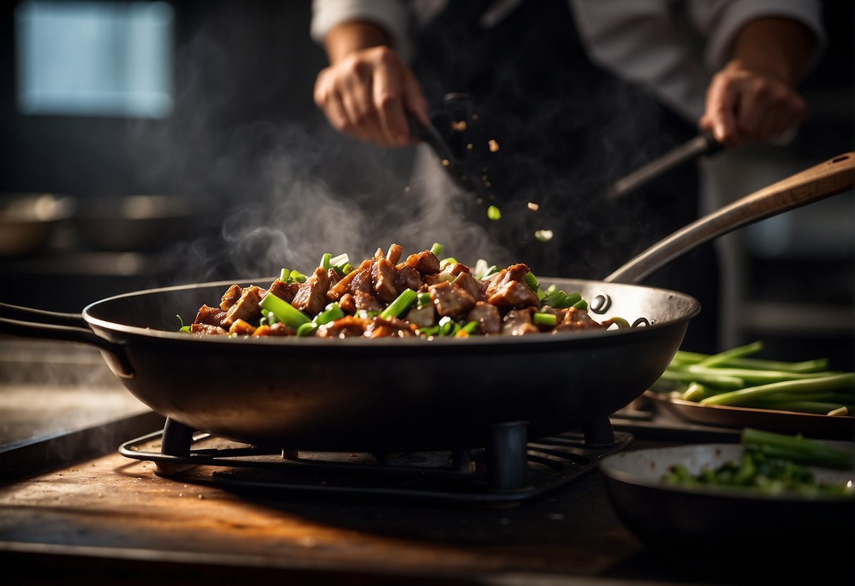 A wok sizzles as a chef stir-fries pork kidneys with ginger, garlic, and green onions, adding soy sauce and sugar for a savory-sweet glaze