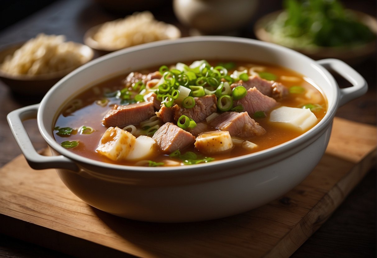 A large pot of simmering pork knuckle soup, filled with tender chunks of meat, fragrant Chinese herbs, and floating slices of ginger and green onions