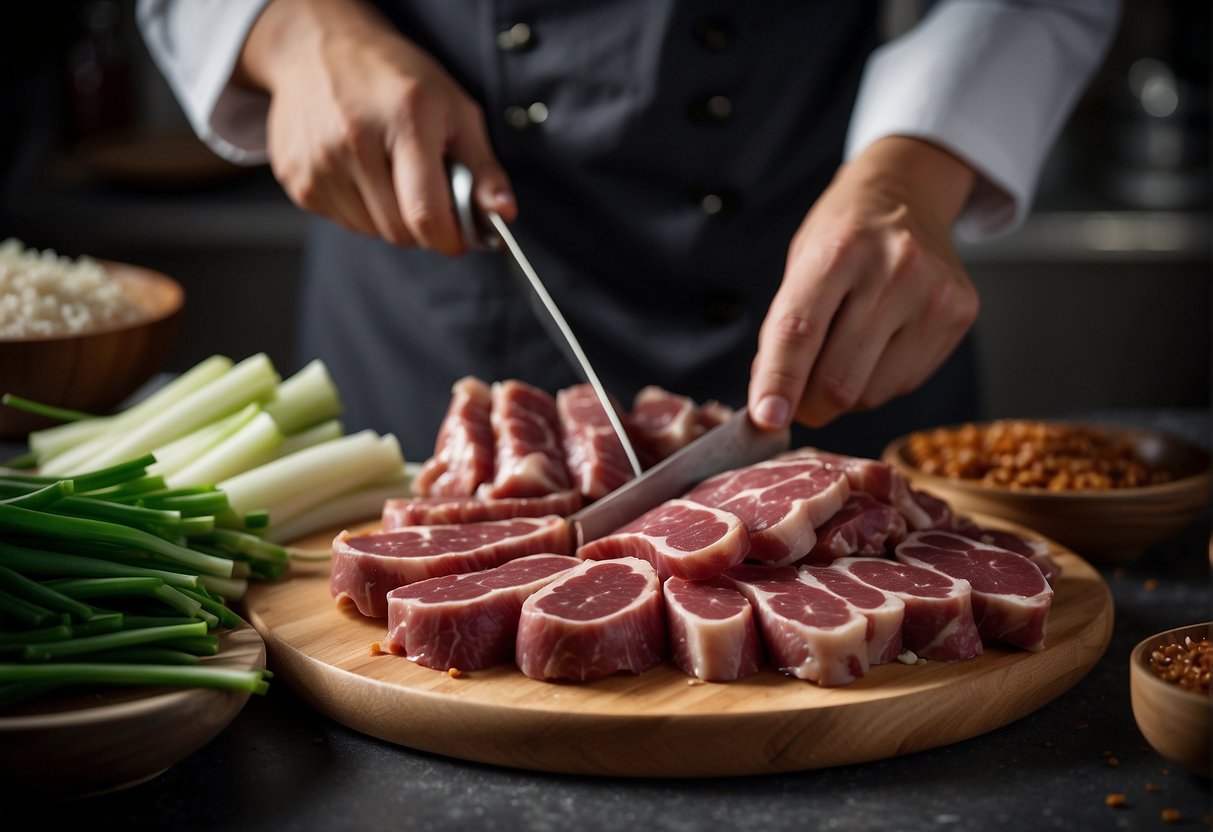 A chef slices pork kidneys for a Chinese recipe. Ingredients like ginger, soy sauce, and green onions are laid out nearby