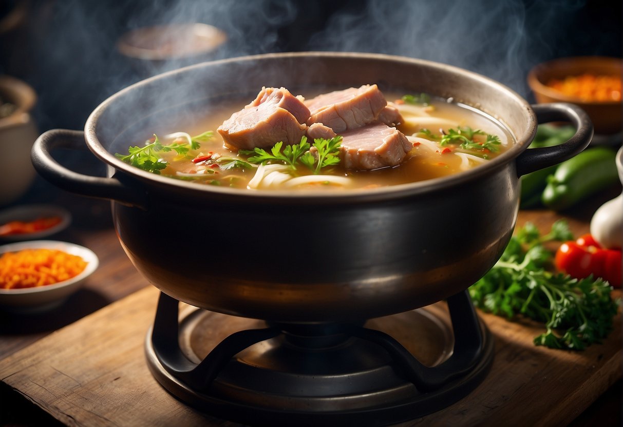 A steaming pot of pork knuckle soup simmers on a traditional Chinese stove, surrounded by aromatic spices and herbs. Its rich history and cultural significance are evident in the careful preparation and time-honored recipe