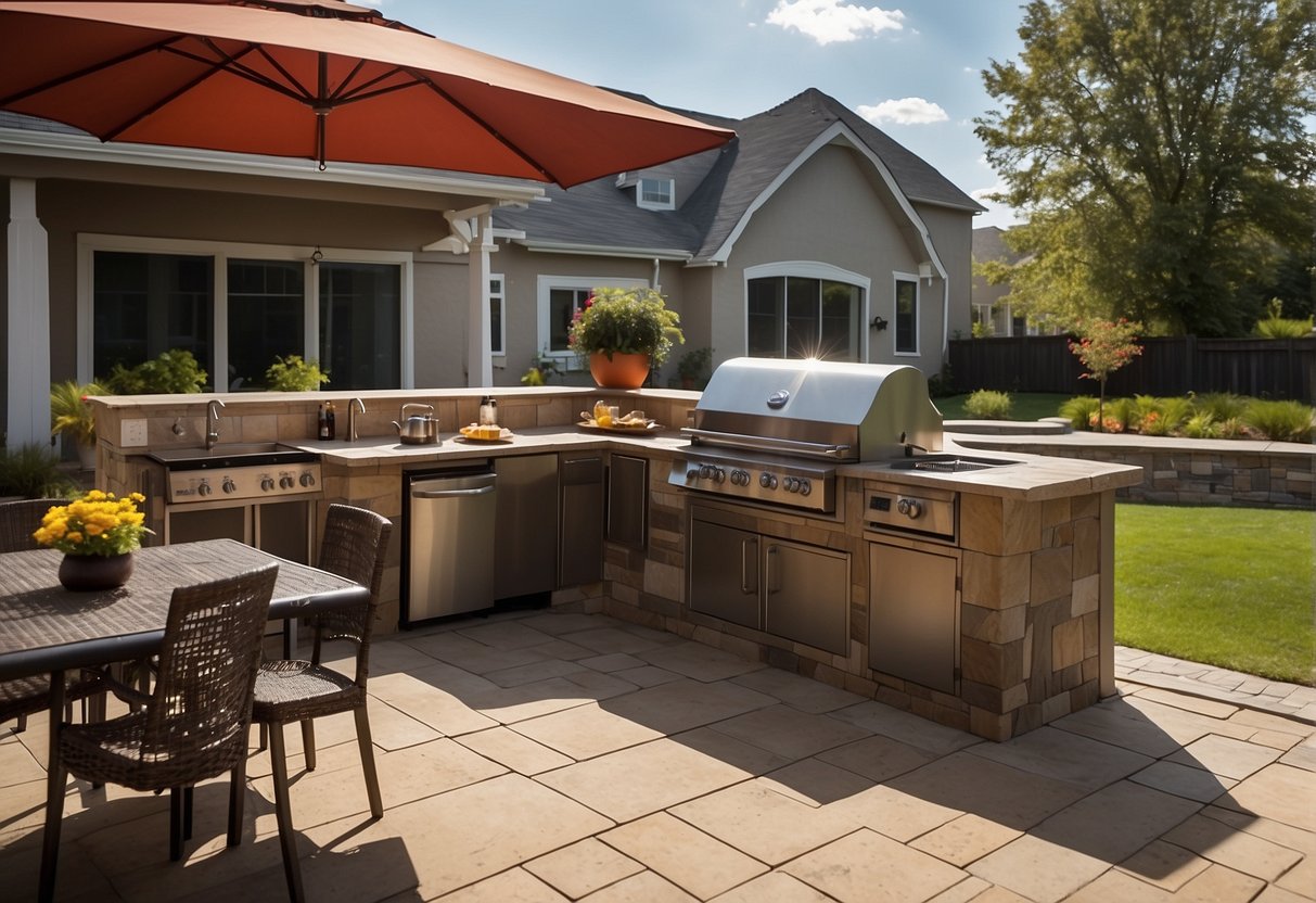 An outdoor kitchen with a built-in grill, countertop, sink, and storage cabinets, surrounded by a spacious patio with seating and lighting