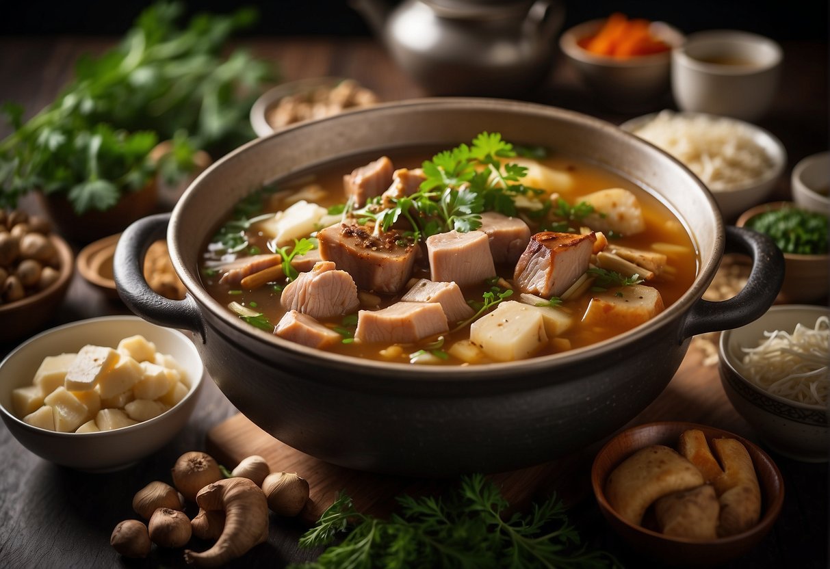 A large pot filled with pork knuckles, ginger, and Chinese herbs simmering in a flavorful broth, surrounded by bowls of various substitute ingredients like tofu and mushrooms