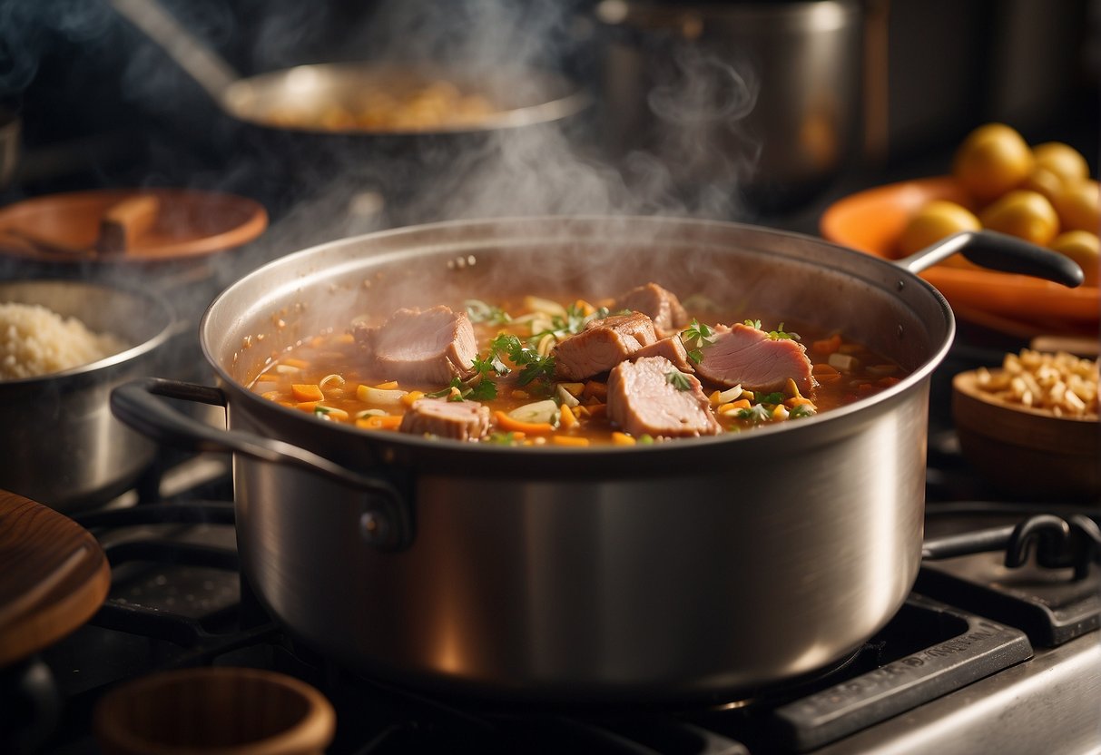 A large pot simmers on the stove, filled with pork knuckles, ginger, and spices. A chef carefully skims off the foam as the savory aroma fills the kitchen