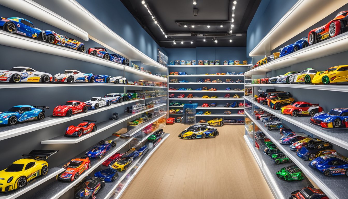 A display of Tamiya Mini 4WD cars in a Singapore store, with various models and accessories neatly arranged on shelves