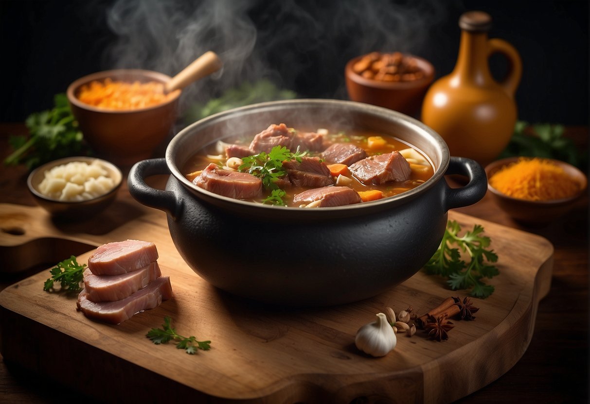 A large pot simmers with pork knuckle, ginger, and spices for Chinese soup. Ingredients surround the pot on a wooden table