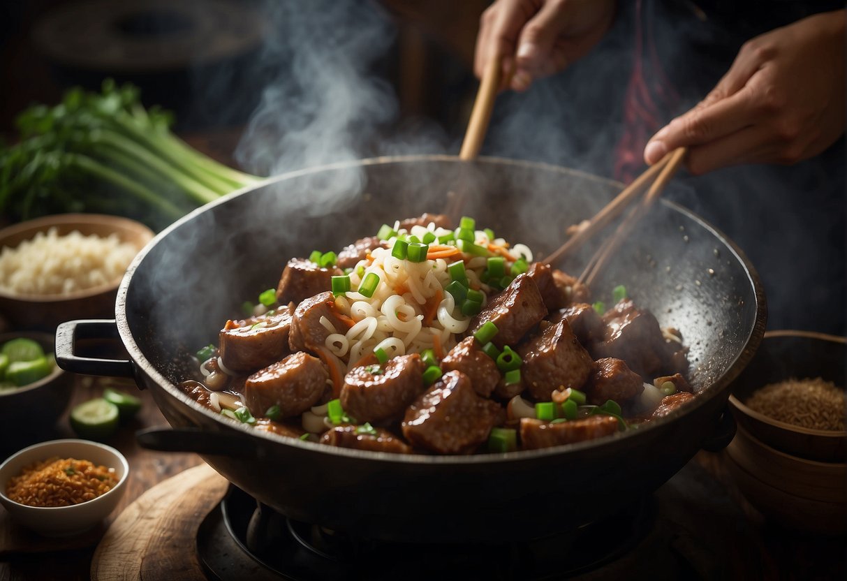 Pork kidneys sizzle in a hot wok with garlic, ginger, and green onions. Aromatic steam rises as the chef adds soy sauce and rice wine