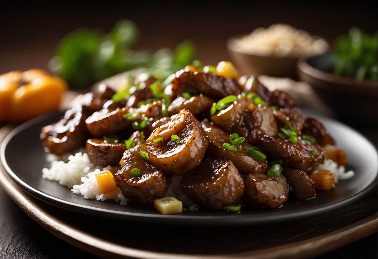 Sizzling pork kidneys stir-fried with aromatic Chinese spices, creating a tantalizing aroma. Ingredients like ginger, garlic, and soy sauce add depth to the dish