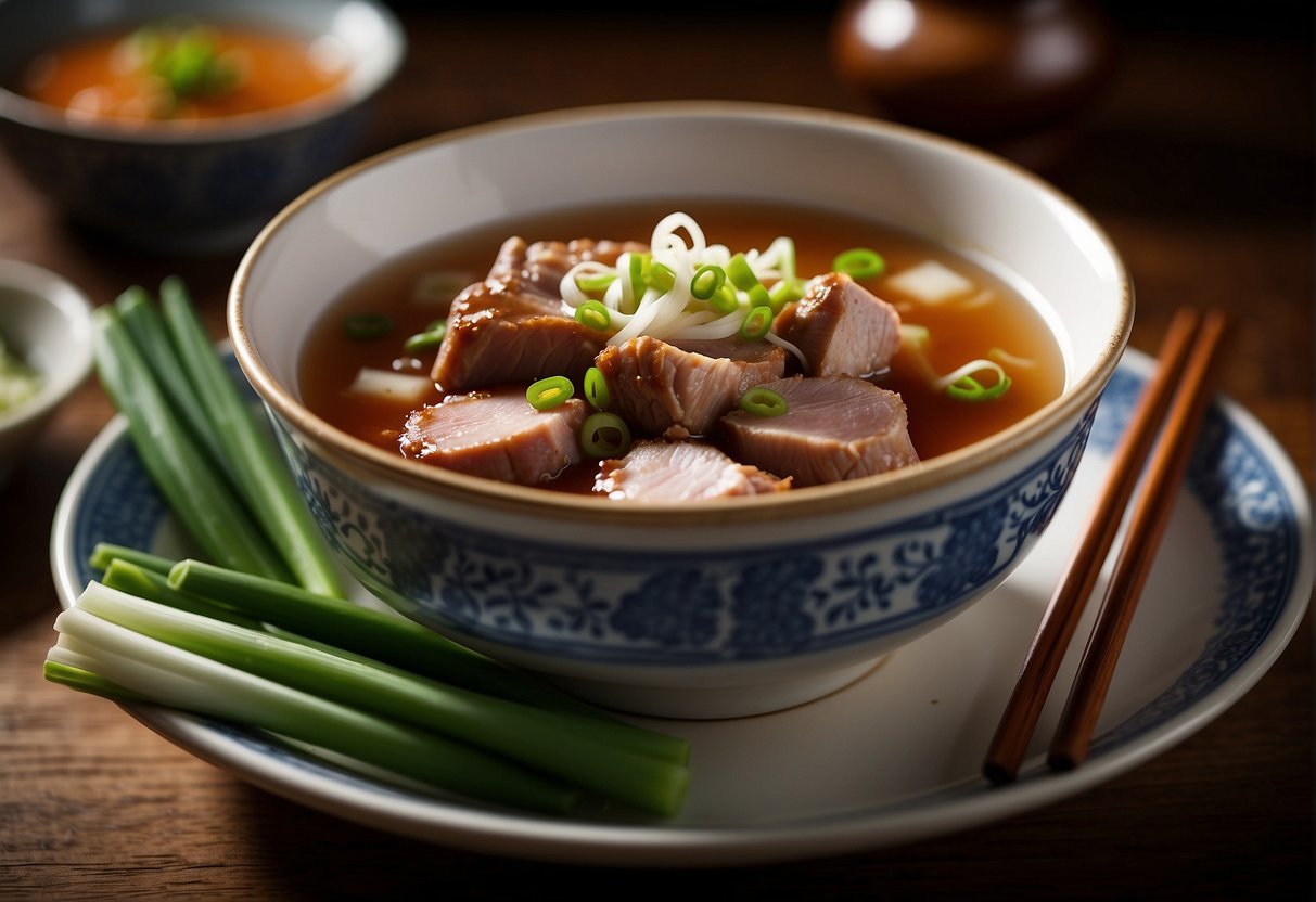 A steaming bowl of pork knuckle soup sits next to a plate of freshly sliced green onions and a pair of chopsticks