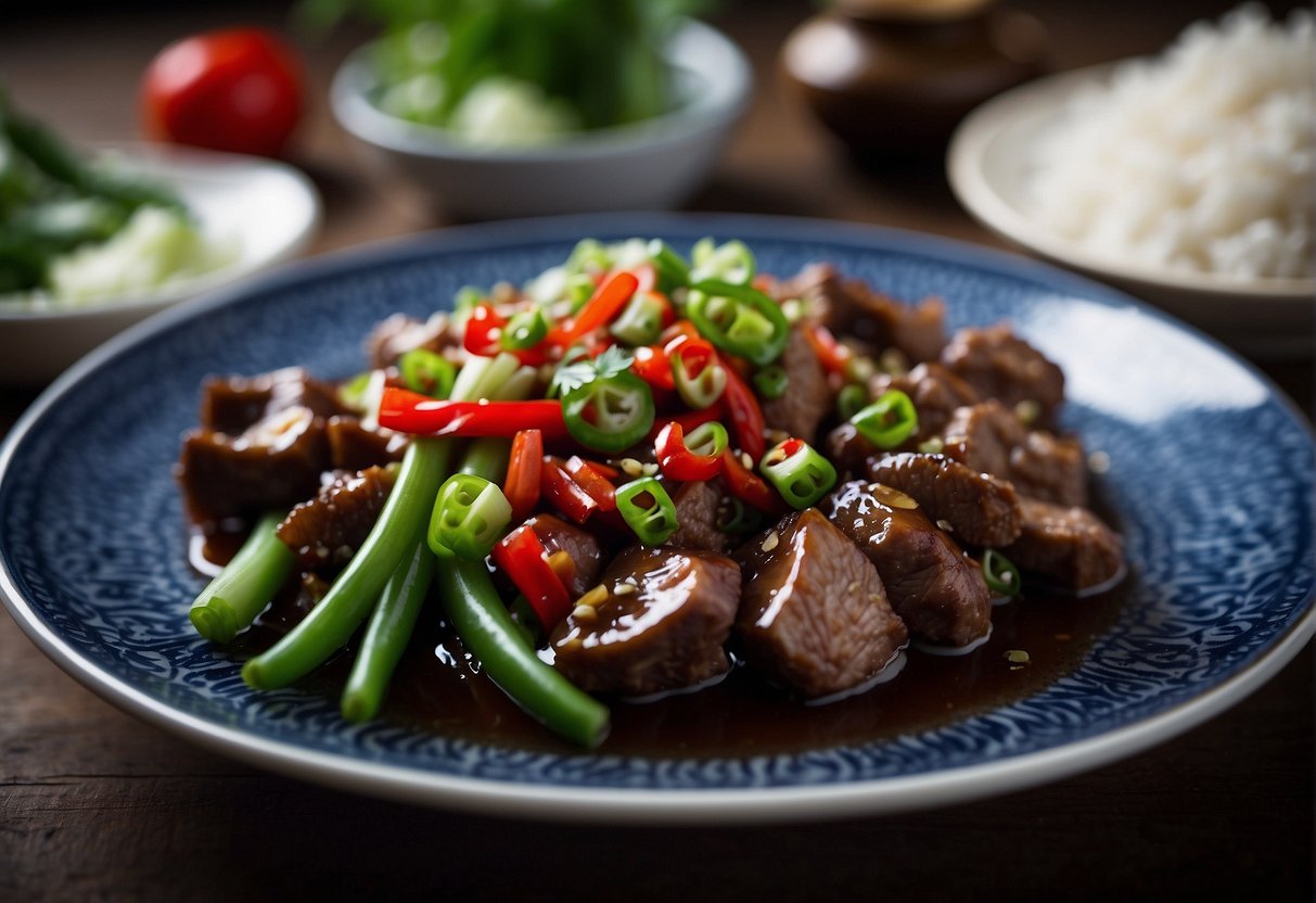 A steaming plate of Chinese pork kidney, garnished with green onions and red chili peppers, sits on a traditional white and blue porcelain dish