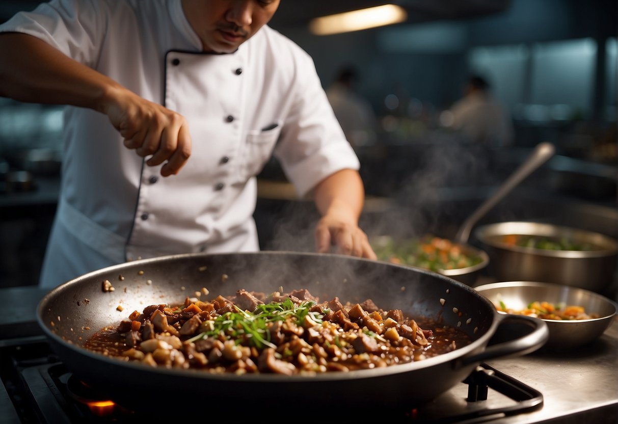 A chef stirring a sizzling wok filled with diced pork kidney and aromatic Chinese spices