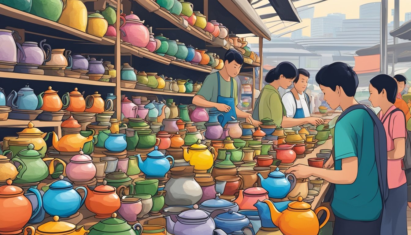 A bustling market stall displays a variety of colorful teapots in Singapore. Shoppers browse the selection, while a vendor arranges the ceramic wares